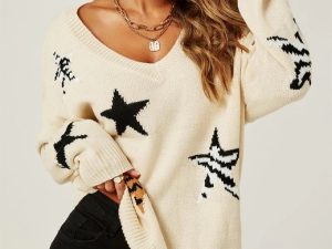 Trui met V-hals en sterren met dierenprints (beige)